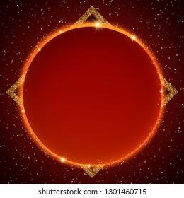 Luxury red and gold background with circle banner. Design for presentation, concert, show. Vector illustration