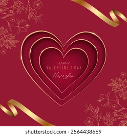 Luxury Red and Gold color Paper cut style Valentine's day greeting card. Origami and love concept, paper art style. Holiday decoration for Valentine's day card. Symbol of love. I Love You cut, paper,