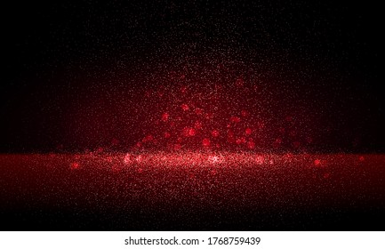 Luxury red gold glitter particles on black background. Red glowing lights magic effects. Glow sparkles, vector illustration.