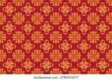 Luxury red and gold seamless damask pattern featuring ornate floral medallions and geometric motifs. Elegant vintage wallpaper background for textiles, packaging, fabric and interior decor.