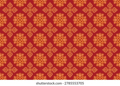 Luxury red and gold seamless damask pattern with ornate floral medallions and decorative geometric motifs. Elegant vintage wallpaper background for textiles, packaging and interior decor.