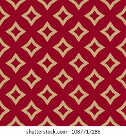 Luxury red and gold vector geometric pattern. Abstract seamless background with rhombuses, diamond shapes, stars, repeat tiles. Elegant texture in traditional Asian style. Decorative design element