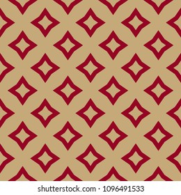 Luxury red and gold vector geometric pattern. Abstract seamless background with rhombuses, diamond shapes, stars, repeat tiles. Elegant texture in traditional Asian style. Design for decor, fabric