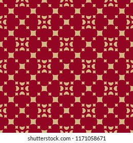 Luxury red and gold vector geometric seamless pattern with floral figures, small squares, diamond shapes, repeat tiles. Abstract seamless background. Elegant modern texture in traditional Asian style