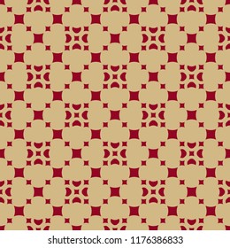 Luxury red and gold vector geometric seamless pattern with floral figures, small squares, diamond shapes, repeat tiles. Abstract golden seamless background. Elegant texture in traditional Asian style