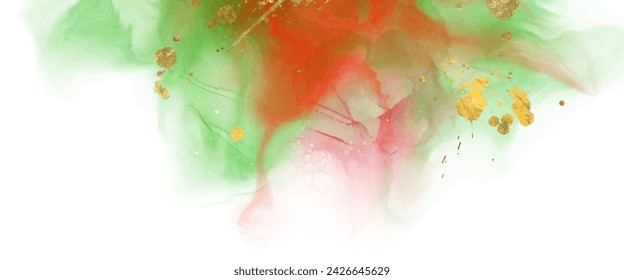 Luxury red, green, gold abstract background of marble liquid ink art painting on paper. Original artwork watercolor alcohol ink paint. Vector illustration.
