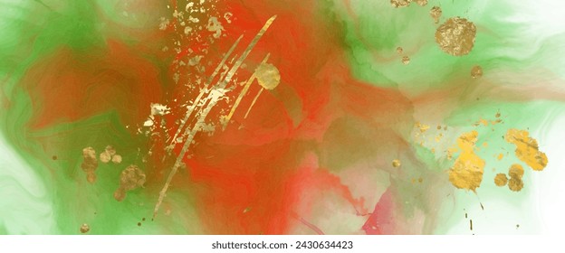 Luxury red, green, gold abstract background of marble liquid ink art painting on paper. Original artwork watercolor alcohol ink paint. Vector illustration.