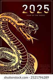 Luxury red greeting card celebrating the 2025 Chinese New Year of the Snake with a detailed golden snake with open mouth. Poster with hand drawn reptile mascot for Christmas holidays in Asian style