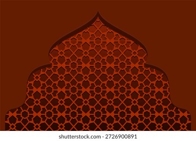 Luxo vermelho padrão geométrico islâmico padrão arco fundo com mashrabiya rettice design vetor ilustração, perfeito para Ramadan Kareem, cumprimentos Eid Mubarak e cartazes de eventos culturais religiosos.