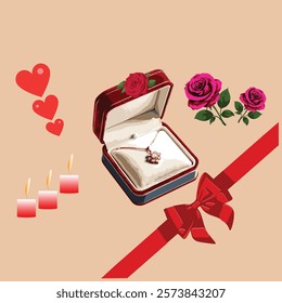 A luxury red jewelry gift box with a sparkling pendant adorned with roses, candles, and romantic decorations. A perfect Valentine’s Day gift idea illustration for love, romance, and special moments.