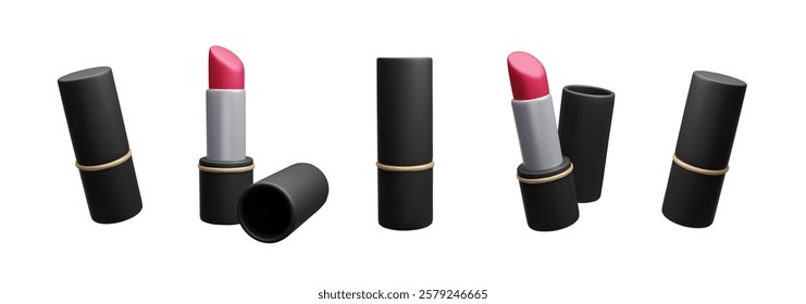 Luxury red lipstick in a black packaging design 3D vector icon set. Beauty makeup lip gloss decorative cosmetic set. Realistic 3D render of glamour rouge lip sticks isolated on a white background.