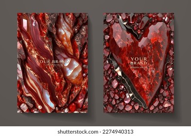 Luxury red marble texture set. Natural precious gems pattern, heart stone symbol on background for  romantic template, formal invitation, greeting card, expensive invite design 库存矢量图
