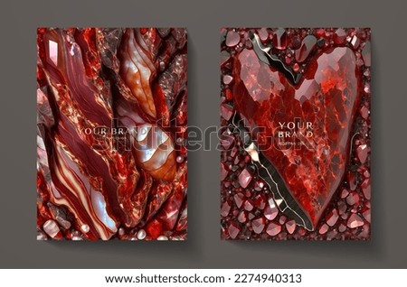 Luxury red marble texture set. Natural precious gems pattern, heart stone symbol on background for  romantic template, formal invitation, greeting card, expensive invite design