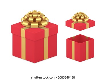 Luxury red open and closed gift box with golden big bow set realistic vector illustration. Classic present package for congratulations holiday celebrating isolated on white. Decorative 3d design