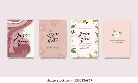Luxury red and pink Wedding Invitation set,  invite thank you, rsvp modern card Design in Golden and white rose with leaf greenery branches  decorative Vector elegant rustic template