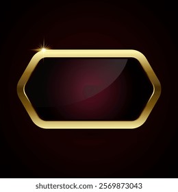 A luxury red plate button of Gold rectangle button isolated on gradient red background. Glossy red golden metallic shape. 3D realistic vector shiny icon
