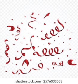 Luxury red ribbon and confetti explode on a white background. Red color party decoration element vector. Confetti and ribbon for anniversary, birthday party, festival, and new year celebration.