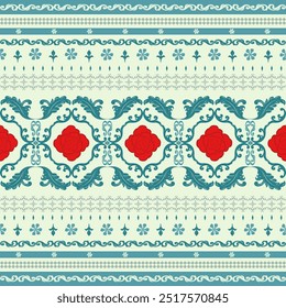 Luxury Red Rose Elaborate Valentine's Day Scroll Ornament Detailed Decoration Embroidery Silk Weaves on Green Background Pattern. Opulence Rich Border Seamless Grometric Glamours Romantically Vector.