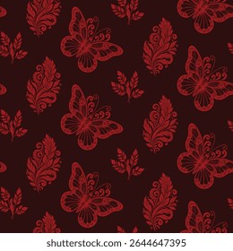 Luxury red seamless pattern featuring ornate butterflies and damask leaves on a dark background. An elegant and intricate design for vintage-style textiles and decor.