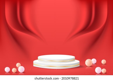 fondo de tela de seda roja de lujo con podio.