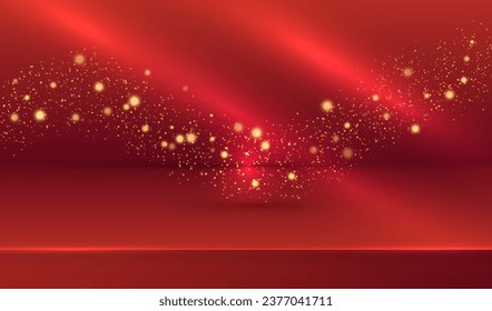 Estudio rojo de lujo con pantalla de podio y puentes dorados brillantes para el show product. Fase de Navidad vectorial para mostrar productos de regalo cosmético.