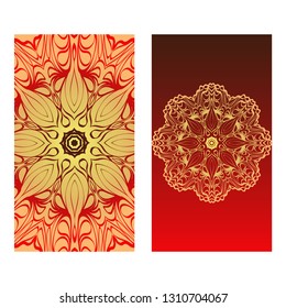 Luxury red, sunrise, gold color The Front And Rear Side. Mandala Design Elements. Wedding Invitation, Thank You Card, Save Card, Baby Shower. Vector Illustration