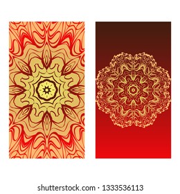Luxury red, sunrise, gold color The Front And Rear Side. Mandala Design Elements. Wedding Invitation, Thank You Card, Save Card, Baby Shower. Vector Illustration