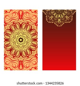 Luxury red, sunrise, gold color The Front And Rear Side. Mandala Design Elements. Wedding Invitation, Thank You Card, Save Card, Baby Shower. Vector Illustration