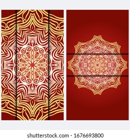 Luxury red, sunrise, gold color The Front And Rear Side. Mandala Design Elements. Wedding Invitation, Thank You Card, Save Card, Baby Shower. Illustration. Vector