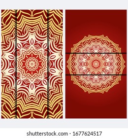 Luxury red, sunrise, gold color The Front And Rear Side. Mandala Design Elements. Wedding Invitation, Thank You Card, Save Card, Baby Shower. Illustration. Vector