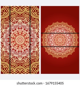 Luxury red, sunrise, gold color The Front And Rear Side. Mandala Design Elements. Wedding Invitation, Thank You Card, Save Card, Baby Shower. Illustration. Vector