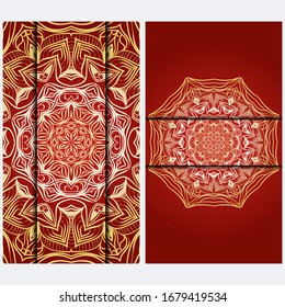 Luxury red, sunrise, gold color The Front And Rear Side. Mandala Design Elements. Wedding Invitation, Thank You Card, Save Card, Baby Shower. Illustration. Vector