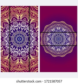 Luxury red, sunrise, gold color The Front And Rear Side. Mandala Design Elements. Wedding Invitation, Thank You Card, Save Card, Baby Shower. Illustration. Vector
