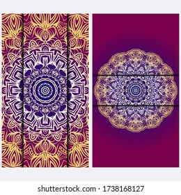 Luxury red, sunrise, gold color The Front And Rear Side. Mandala Design Elements. Wedding Invitation, Thank You Card, Save Card, Baby Shower. Illustration. Vector