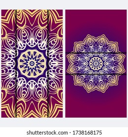 Luxury red, sunrise, gold color The Front And Rear Side. Mandala Design Elements. Wedding Invitation, Thank You Card, Save Card, Baby Shower. Illustration. Vector