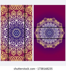 Luxury red, sunrise, gold color The Front And Rear Side. Mandala Design Elements. Wedding Invitation, Thank You Card, Save Card, Baby Shower. Illustration. Vector