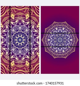 Luxury red, sunrise, gold color The Front And Rear Side. Mandala Design Elements. Wedding Invitation, Thank You Card, Save Card, Baby Shower. Illustration. Vector