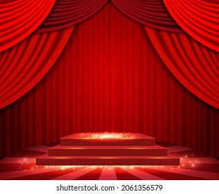 Luxury red vector background with curtain and podium for presentation, concert and show design