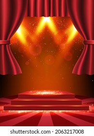 Fondo vectorial rojo de lujo con cortina y podio para presentación, concierto y diseño de espectáculos