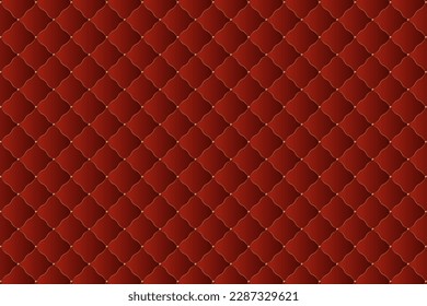 Luxury red velvet upholstery leather texture vector template. Sofa surface with quilted padding and golden beads and border pattern.