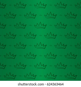 Luxury regal seamless pattern with beautiful green king crown ornament signs in style of fashion on emerald green shining background. High quality decor design.