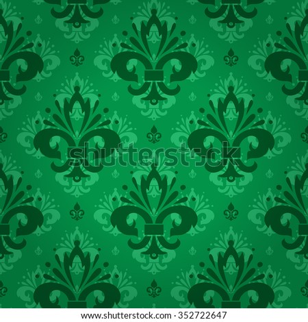 Luxury regal seamless pattern with beautiful green fleur-de-lys ornament elements on emerald green shaded background. Wallpaper, curtain design. Royal seamless pattern. Seamless background.