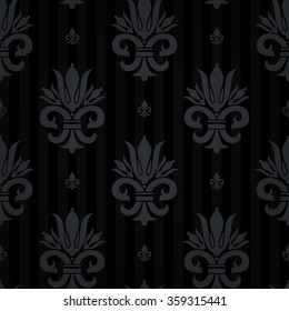 Luxury regal seamless pattern with dark gray fleur de lys ornament elements on classic black striped vignett background. Wallpaper, curtain design. Seamless pattern background. Royal seamless pattern.