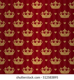 Luxury regal seamless pattern with gold crown and tight heart ornament signs in style of fashion on empire red shine striped background. High quality decor design.