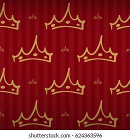 Luxury regal seamless pattern with gold black crown ornament signs in style of fashion on empire red bright striped background. High quality decor design.