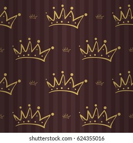 Luxury regal seamless pattern with golden beige crown ornament signs in style of fashion on retro brown bright striped background. High quality decor design.