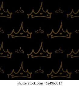 Luxury regal seamless pattern with golden black crown ornament signs in style of fashion on deep black vignette background. Elegant texture for wallpapers, curtains.