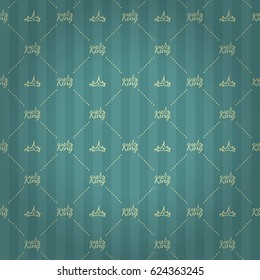 Luxury regal seamless pattern with light yellow black crown and king inscription with crown ornament signs in style of fashion on aqua blue striped shaded background with polka dot border fill out.