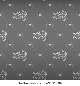 Luxury regal seamless pattern with light king inscription with crown ornament signs in style of fashion on silver gray shaded background with polka dot fill out.