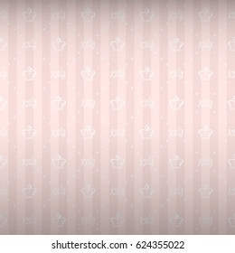Luxury regal seamless pattern with princess white queen crown and king inscription with crown ornament signs in style of fashion on soft pink shine striped background with cross mesh fill out.